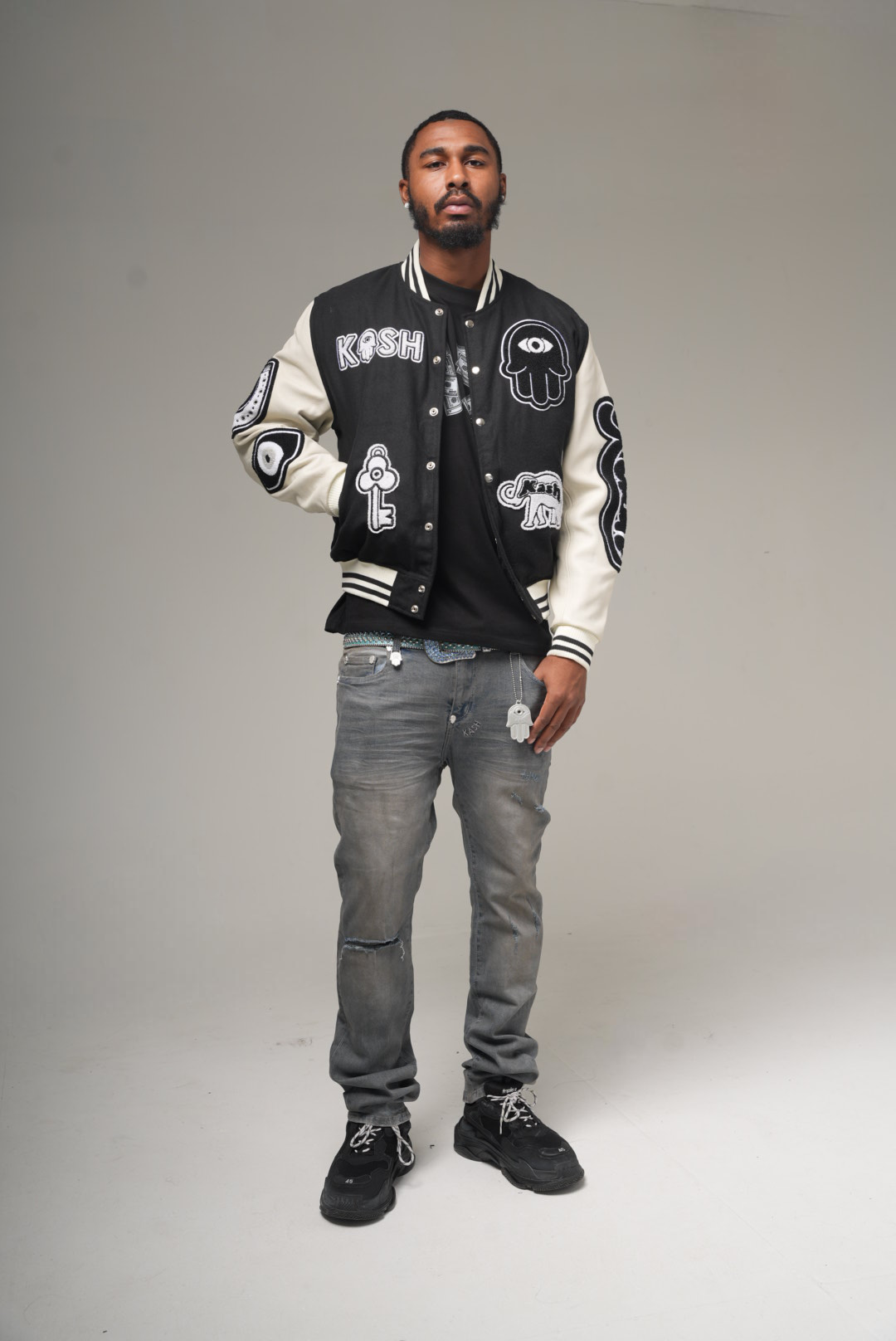 KASH CHENILLE PRINT VARSITY JACKET - BLACK