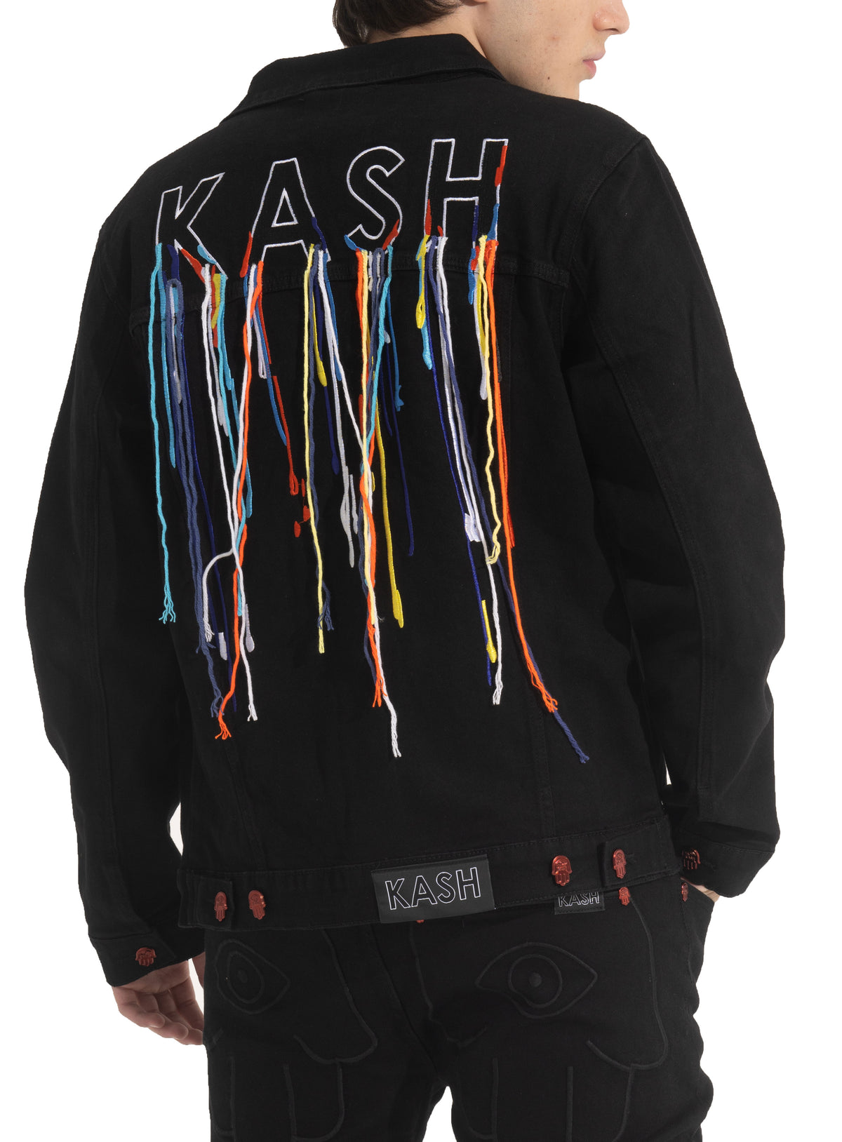 DENIM JACKET WITH MULTICOLOR STRINGS - BLACK