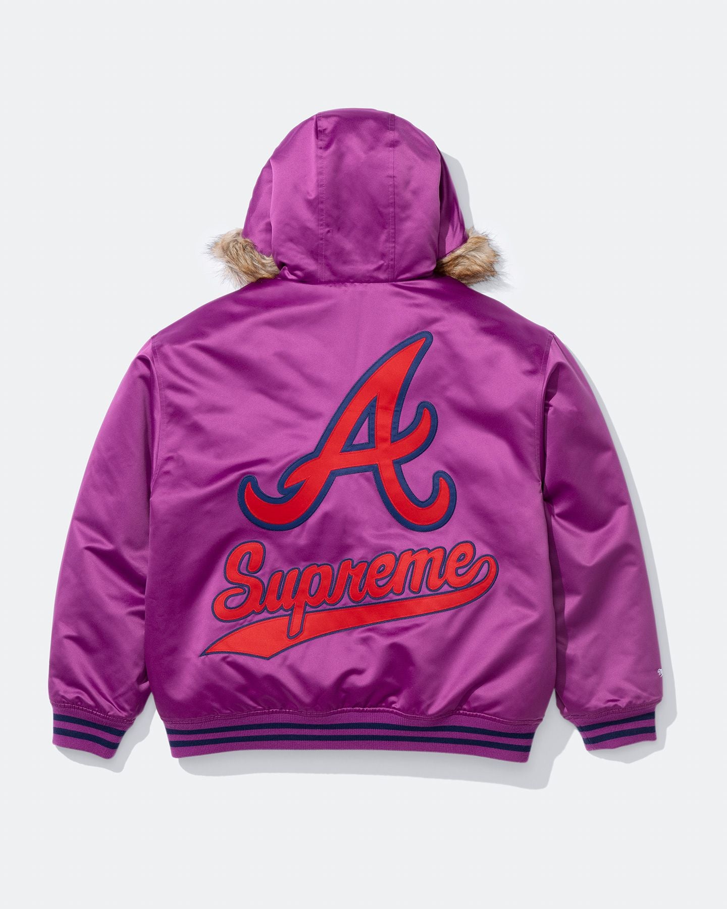Supreme x Mitchell & Ness Atlanta Braves Fur Hood Satin Varsity Jacket Purple - back