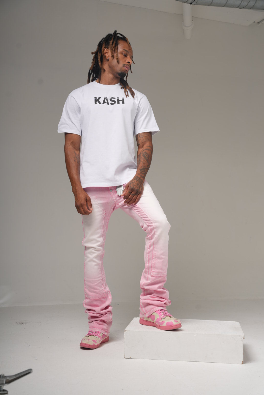 Maison Kash logo tee in white on model, front