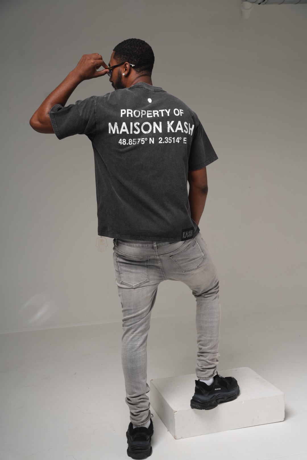 Property of Maison Kash grey wash tee on model, side back view