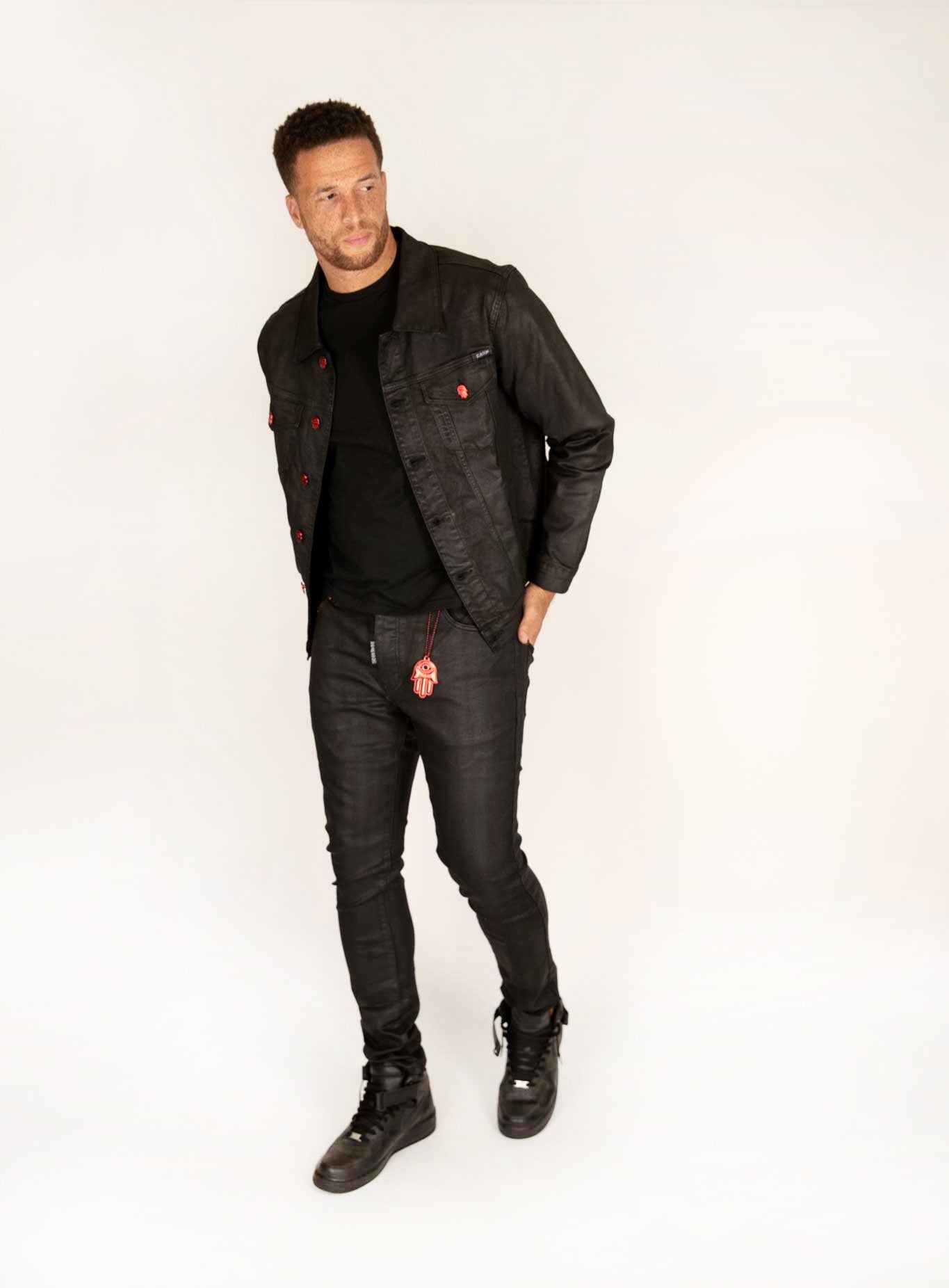 KASH Black Wax Denim Jacket and matching Black Wax Hamsa Pocket Denim in black – outfit view