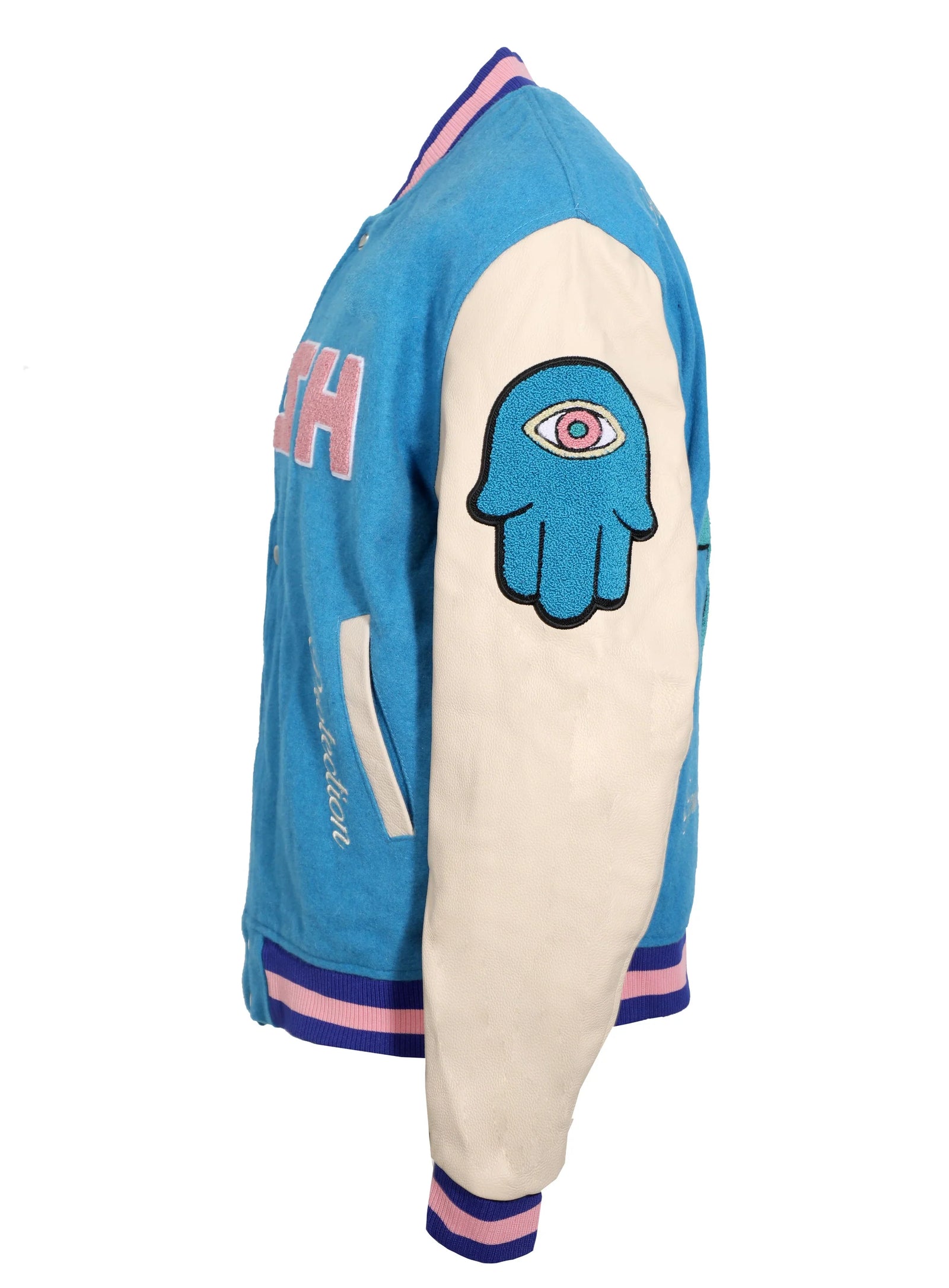 Kash Chenille Print Varsity Jacket in blue with pink – view 4 of 10