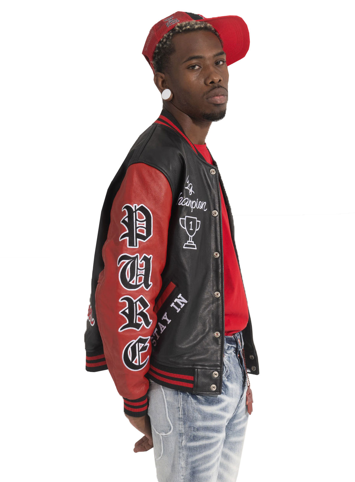 PURE VARSITY LEATHER JACKET - BLACK W/ RED