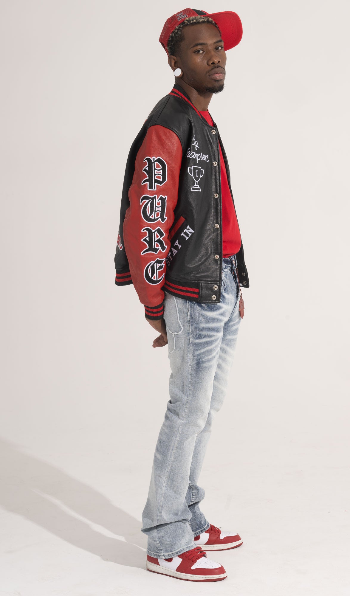 PURE VARSITY LEATHER JACKET - BLACK W/ RED