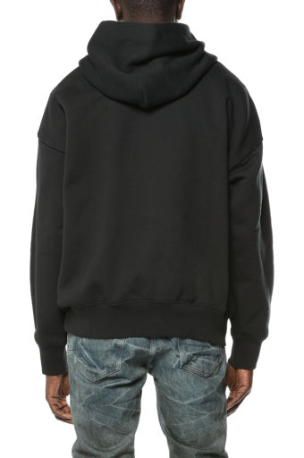 Purple Brand HWT Fleece FZ Hoody in black, back on model