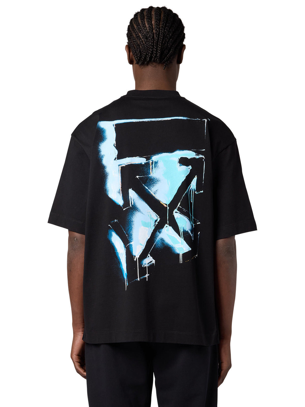 Off-White 3D Arrow Spray S/S Skate Tee in black, back with blue spray arrow graphic