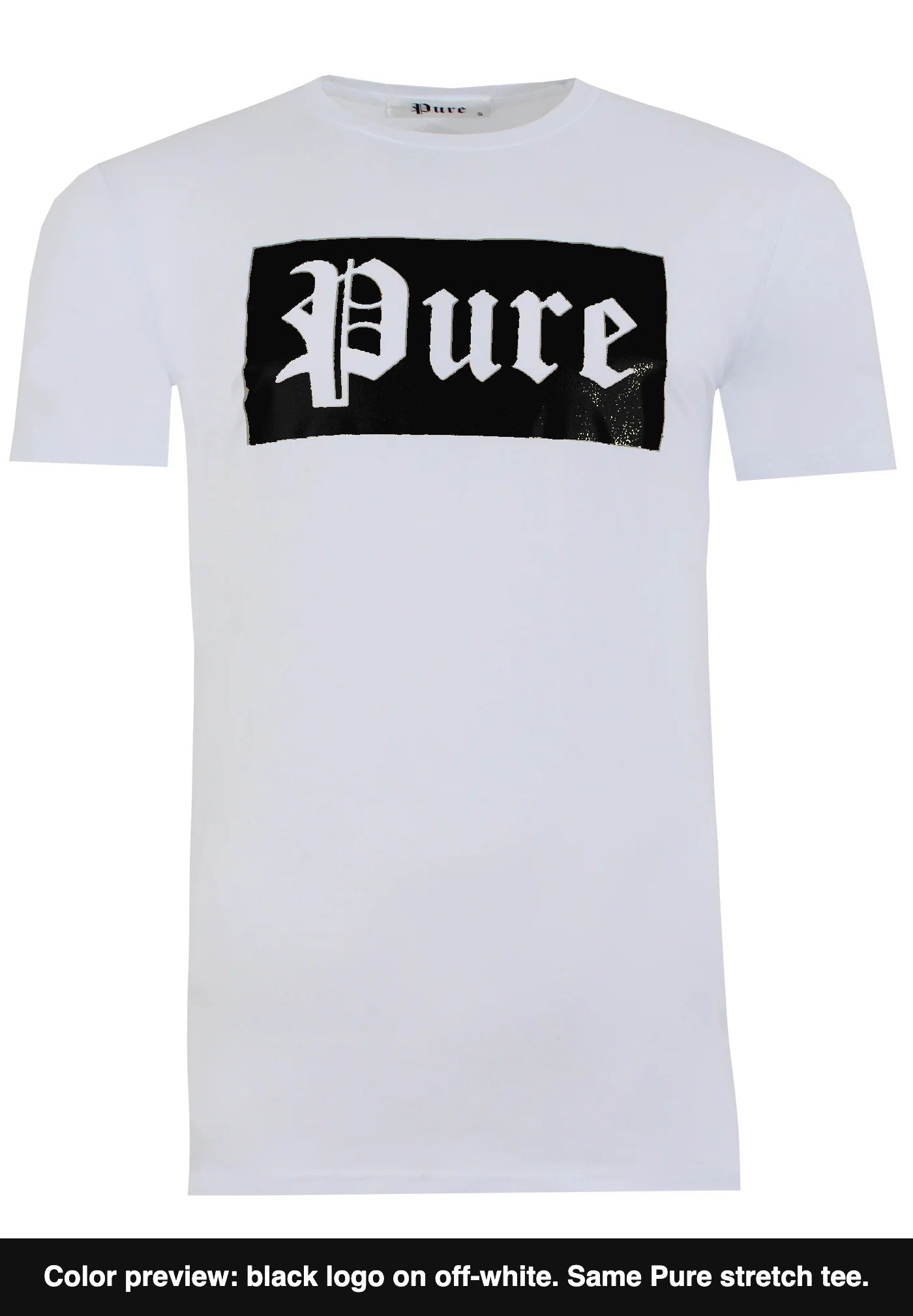 Pure stretch tee in off-white with black block logo, color preview