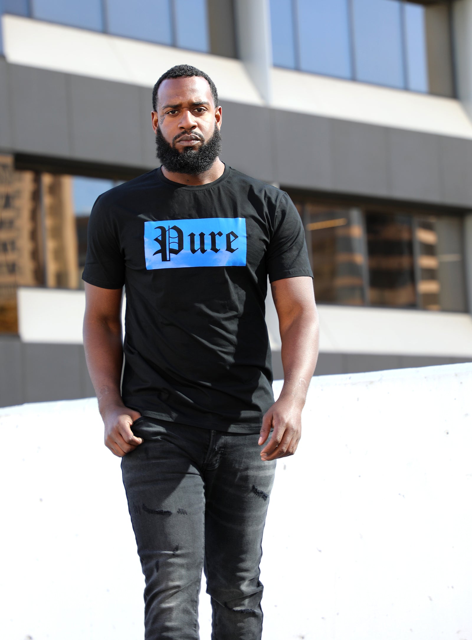 Pure Stretch Block Logo Tee in black with blue logo – view 4 of 4