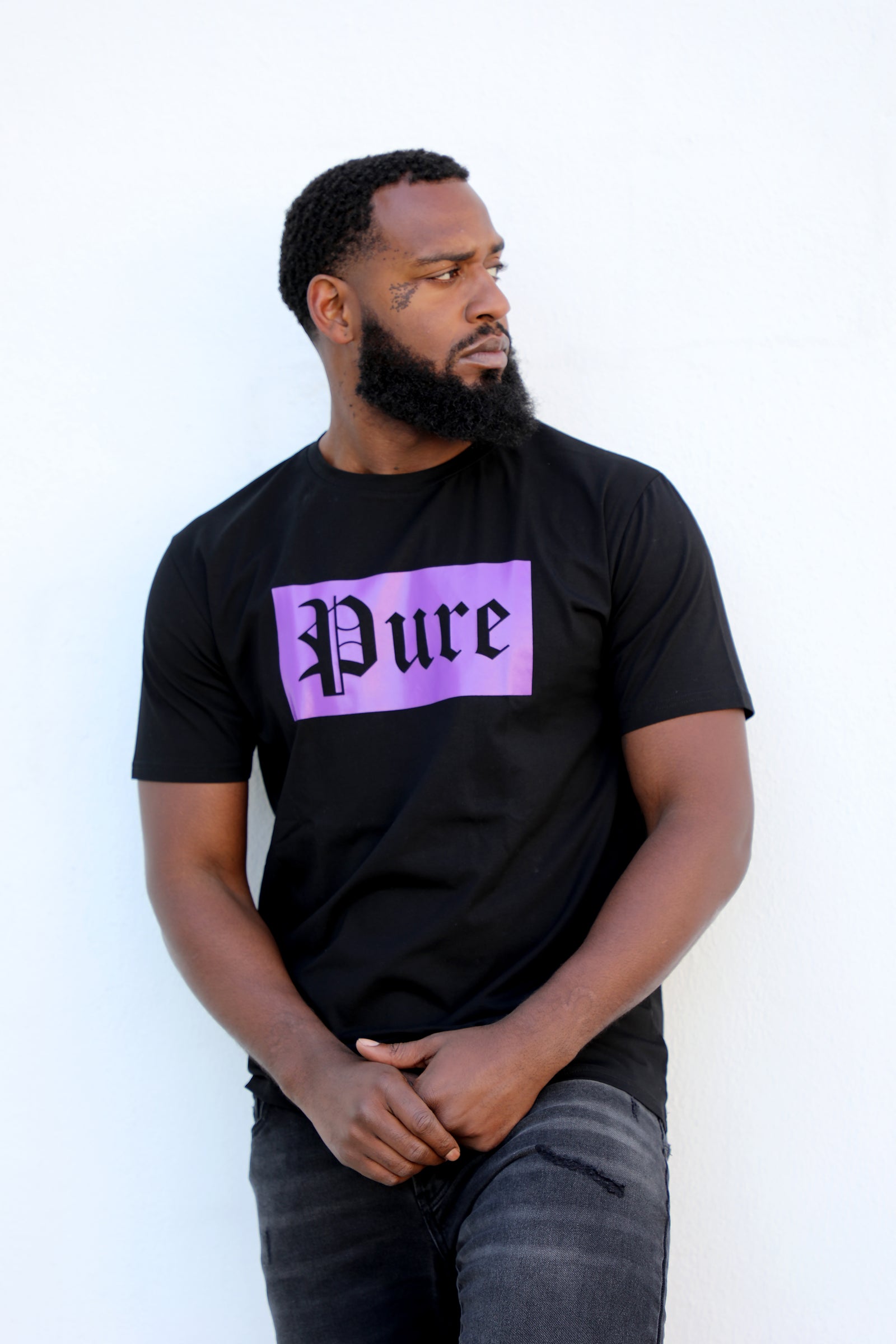 Pure Black Stretch Tee with Purple Block Logo in black with purple logo – view 3 of 5