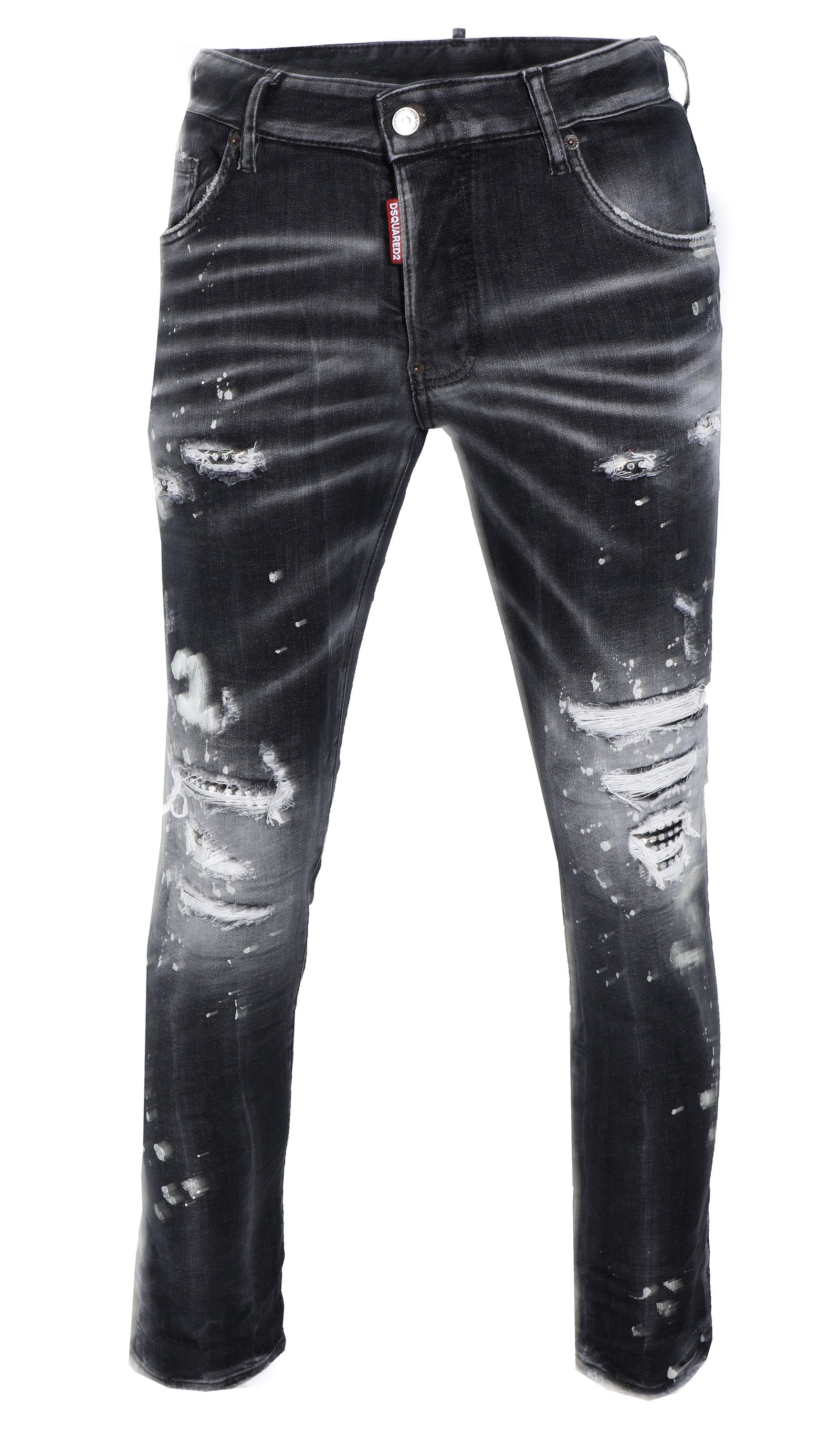 DSQUARED2 Dark Wash Denim with Crystals and Silver Foil Paint Splatter in black – view 1 of 3