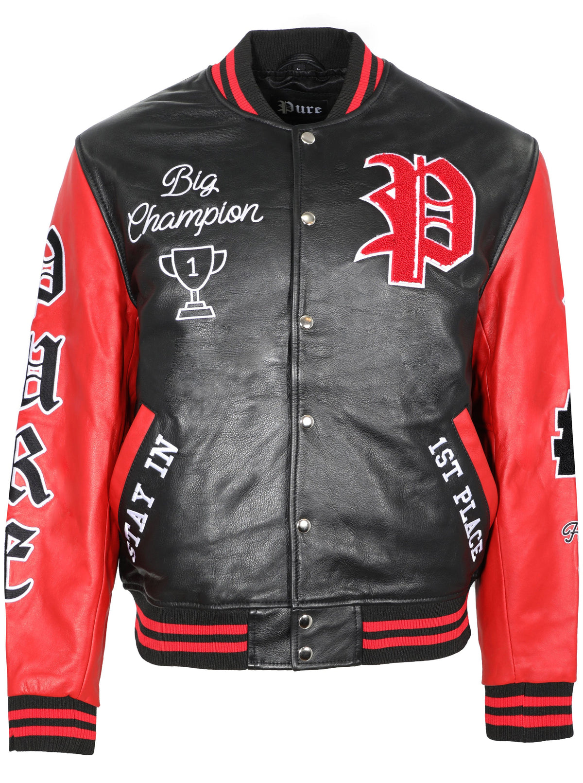 PURE VARSITY LEATHER JACKET - BLACK W/ RED