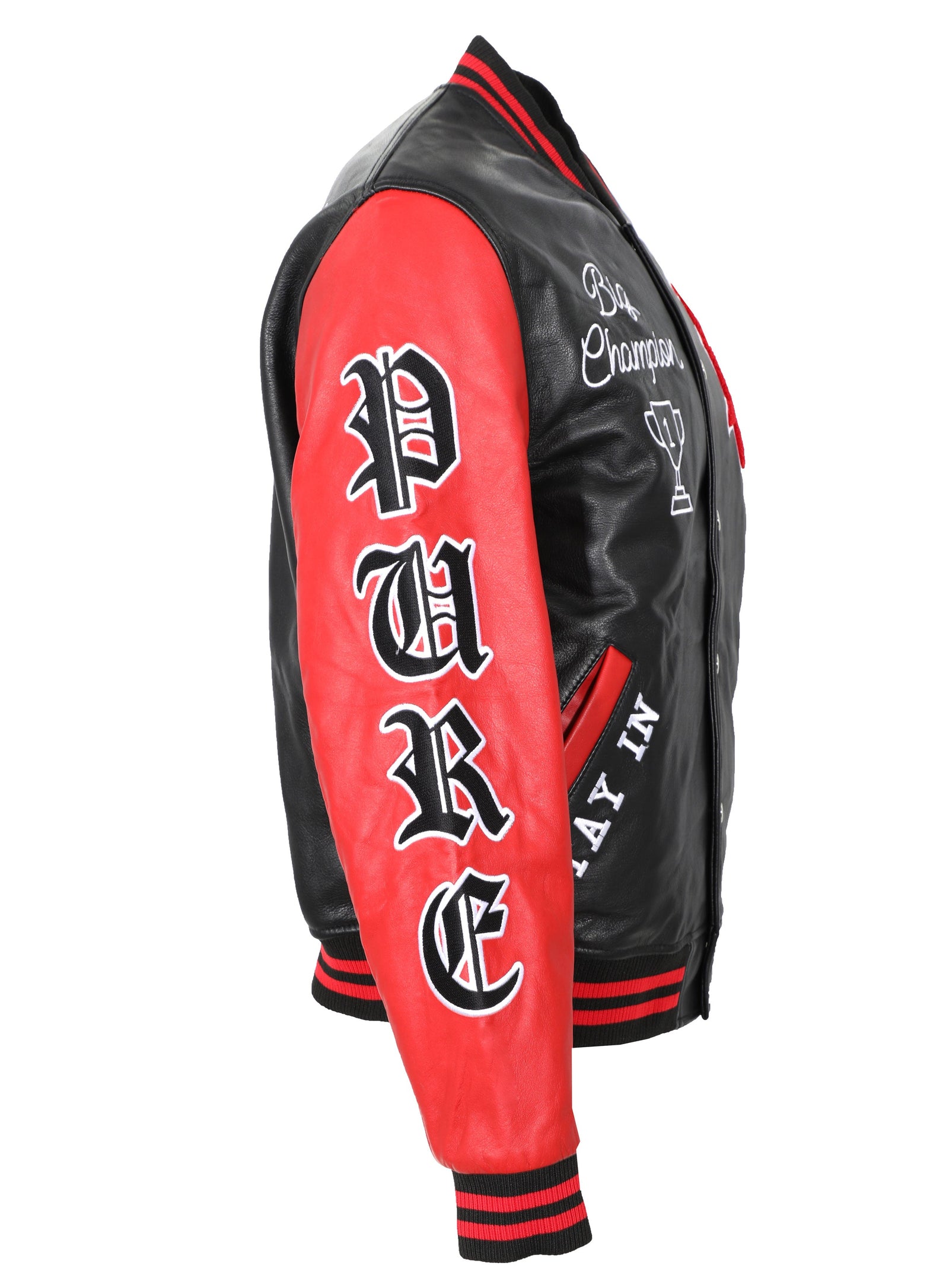 Pure Varsity Leather Jacket in black with red – view 5 of 9