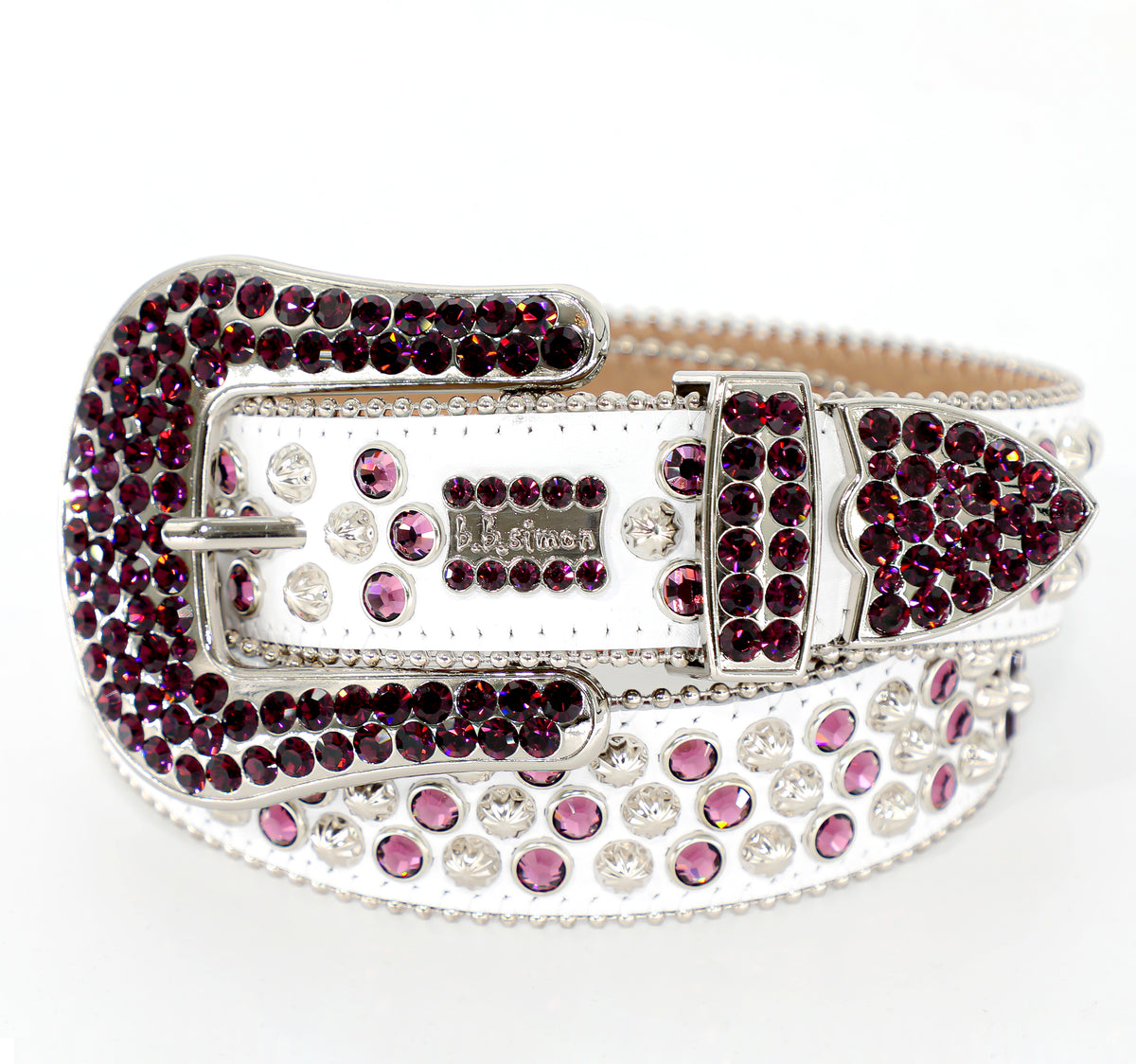 B.B. SIMON WHITE BELT W/ PURPLE CRYSTALS AND SILVER PARACHUTE STUDS