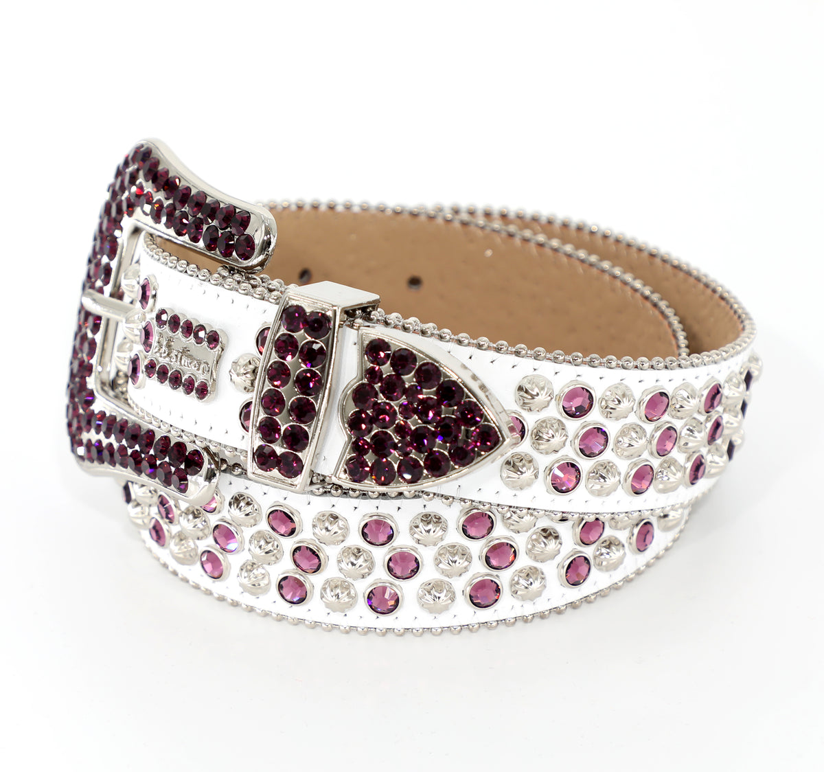 B.B. SIMON WHITE BELT W/ PURPLE CRYSTALS AND SILVER PARACHUTE STUDS