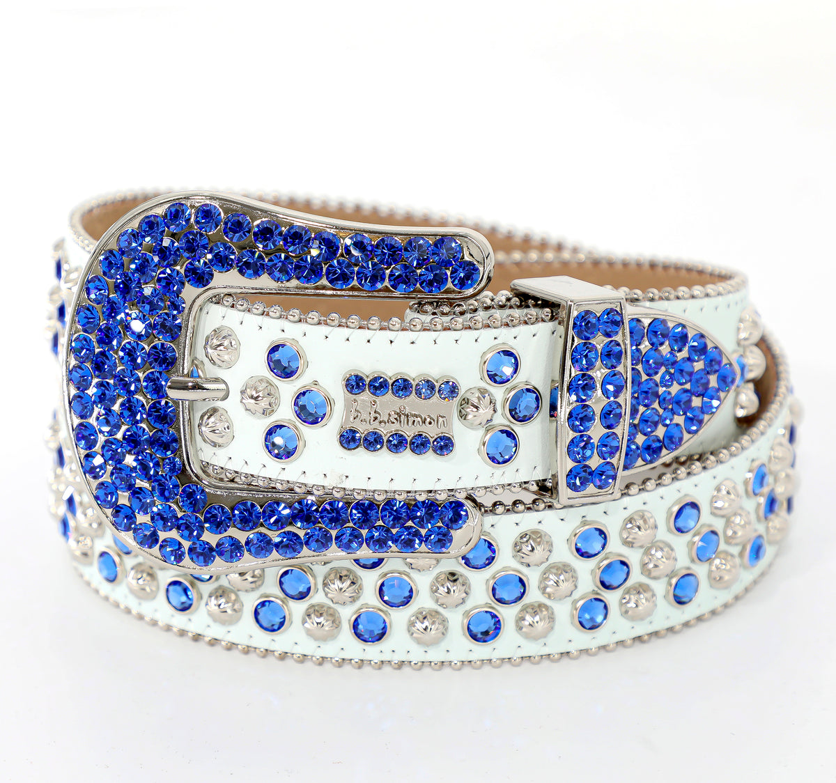 B.B. SIMON WHITE BELT W/ BLUE CRYSTALS AND SILVER PARACHUTE STUDS