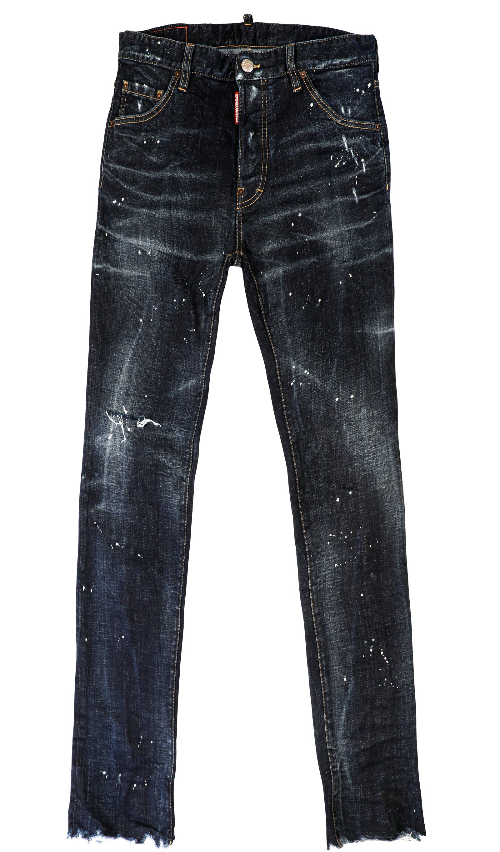 DSQUARED2 dark denim biker jeans with bleached splatter in dark blue – view 1 of 2