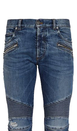 Ribbed Tapered Biker Jeans - Blue