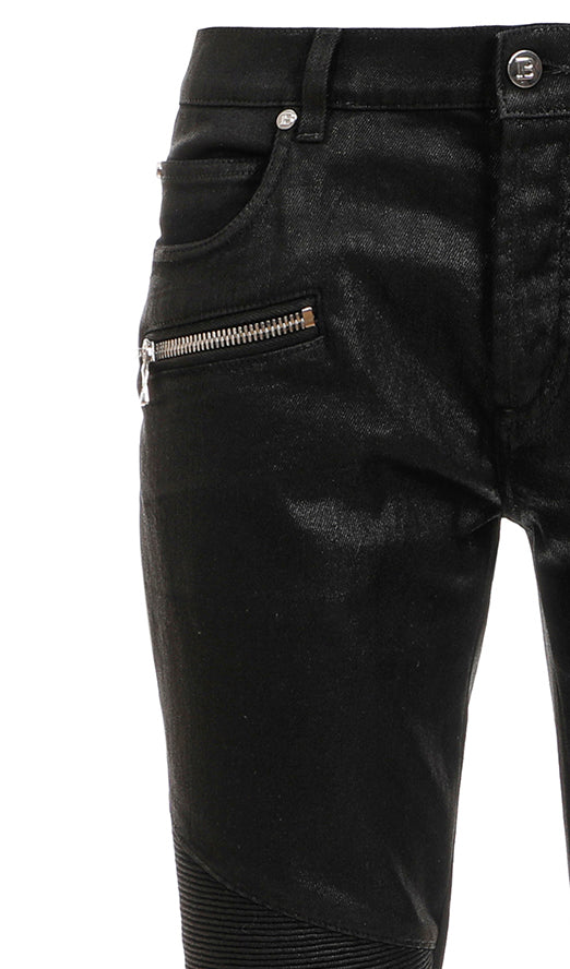 BALMAIN RIBBED SLIM COATED DENIM PANTS - BLACK