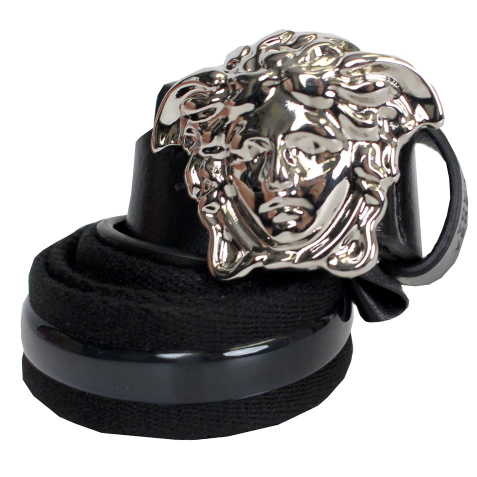 Young Versace Kids Elastic and Leather Belt with Silver Medusa Head in black – view 1 of 2