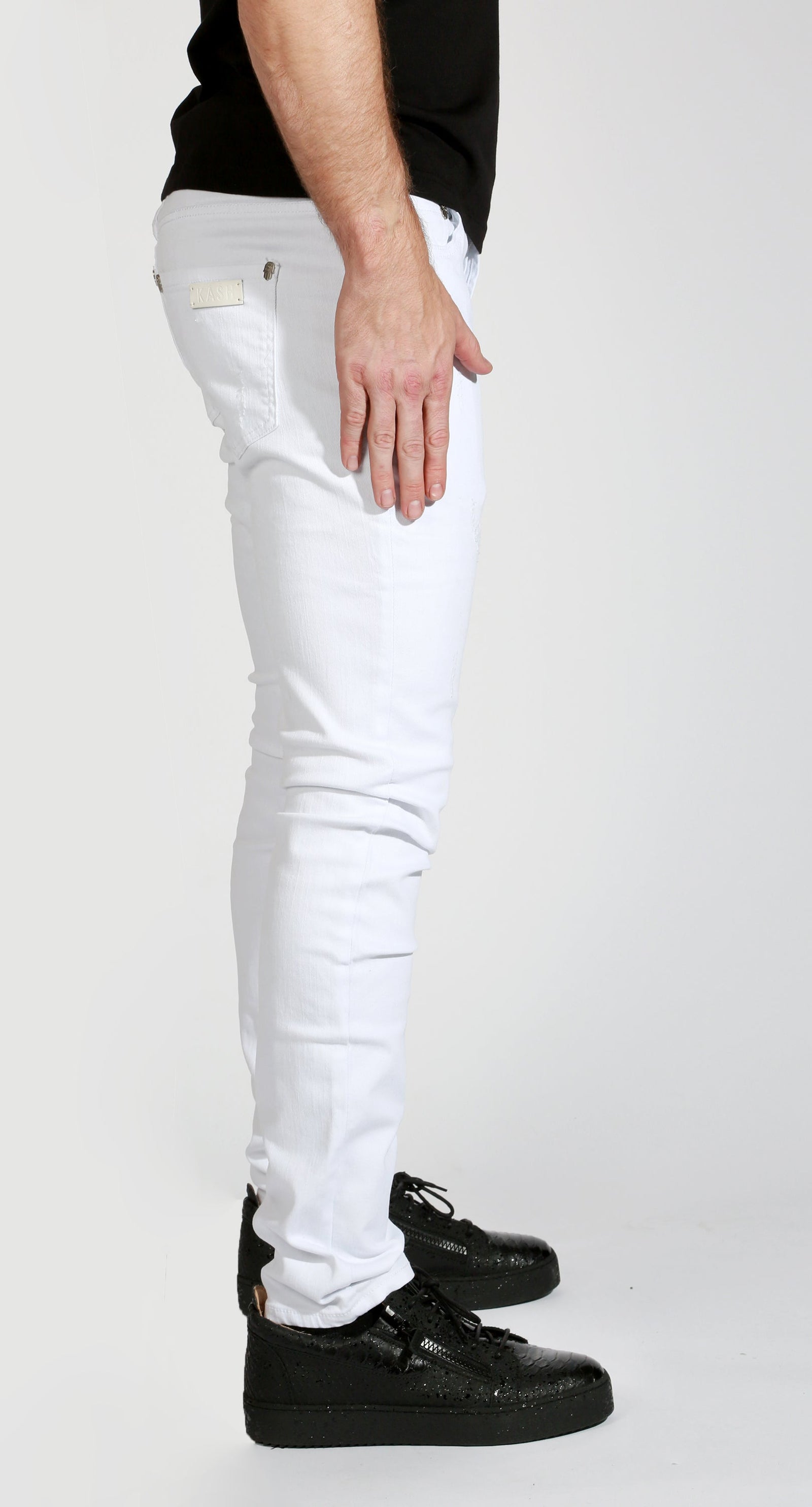 Men's White Kash Denim, slim low-rise white jeans with Hamsa fob – view 2 of 3