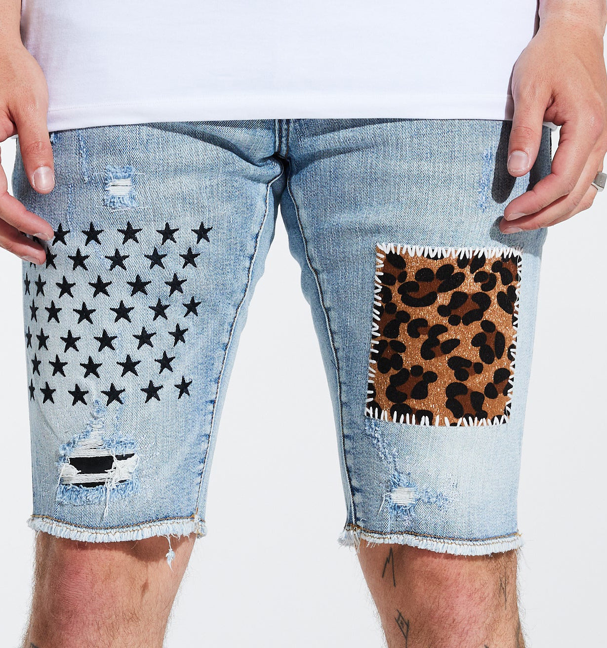 Embellish Summit patchwork denim shorts in blue – view 1 of 4