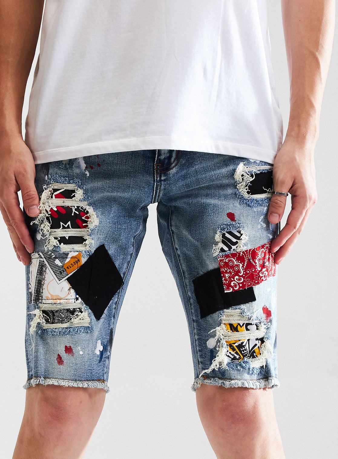 Embellish Wilder Patchwork Denim Shorts in indigo – view 1 of 4