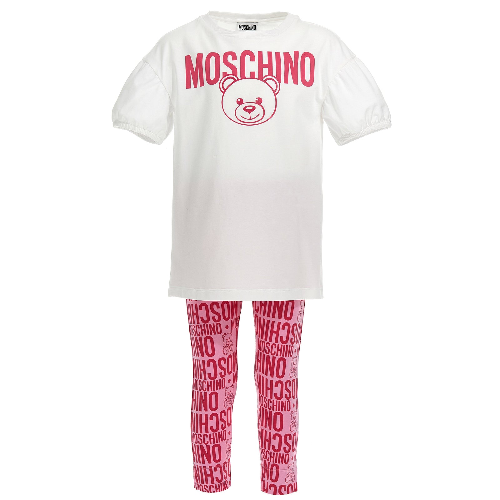 Moschino Kids Girls Maxi Tee and Leggings Set with Bear Print in white and pink