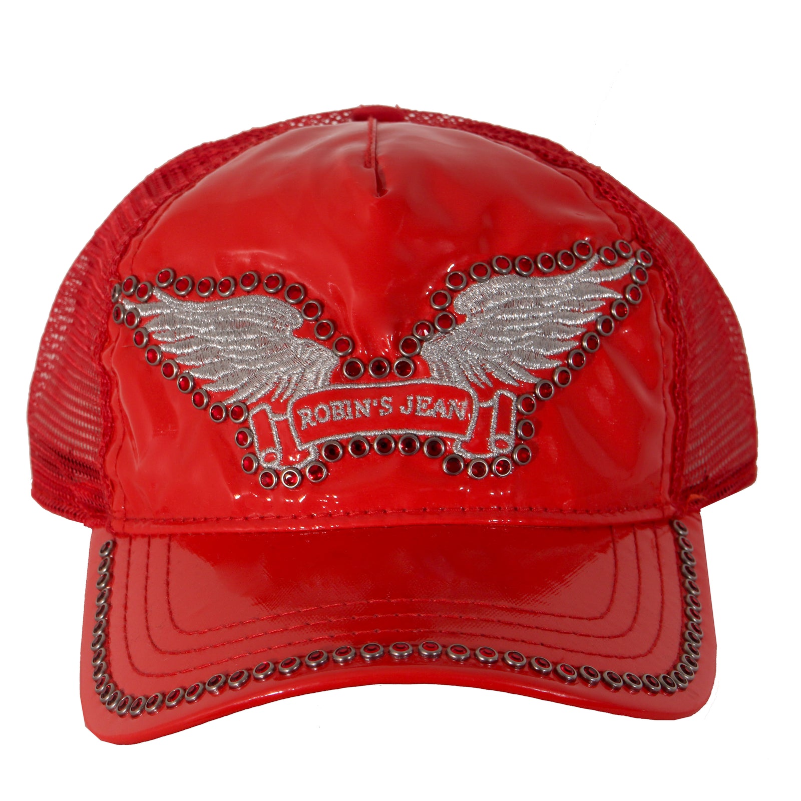 Robin's Jean Patent Trucker Cap with Red and Black Crystals in red – view 1 of 3