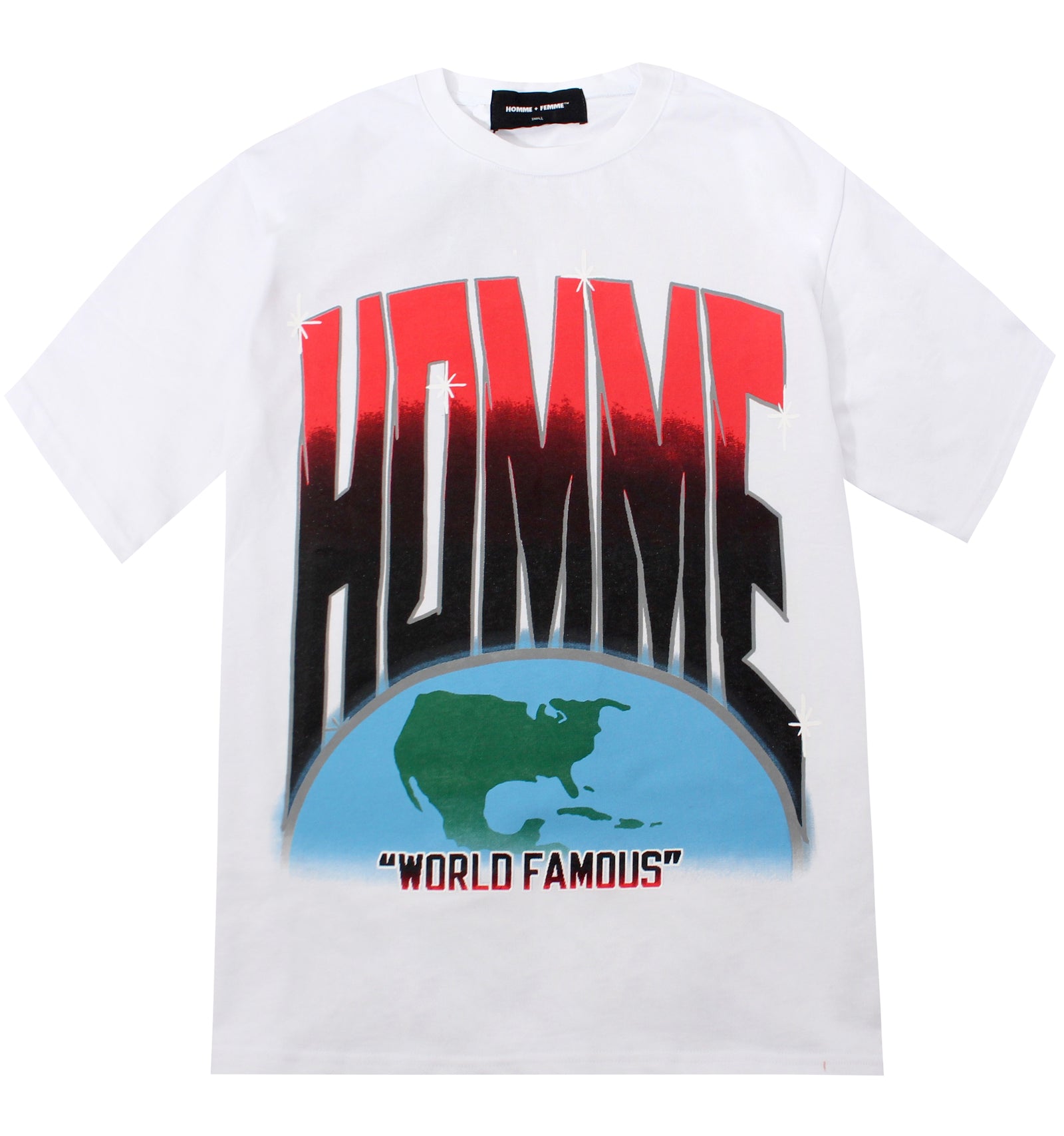 Homme + Femme white tee printed HOMME over a globe with World Famous, front