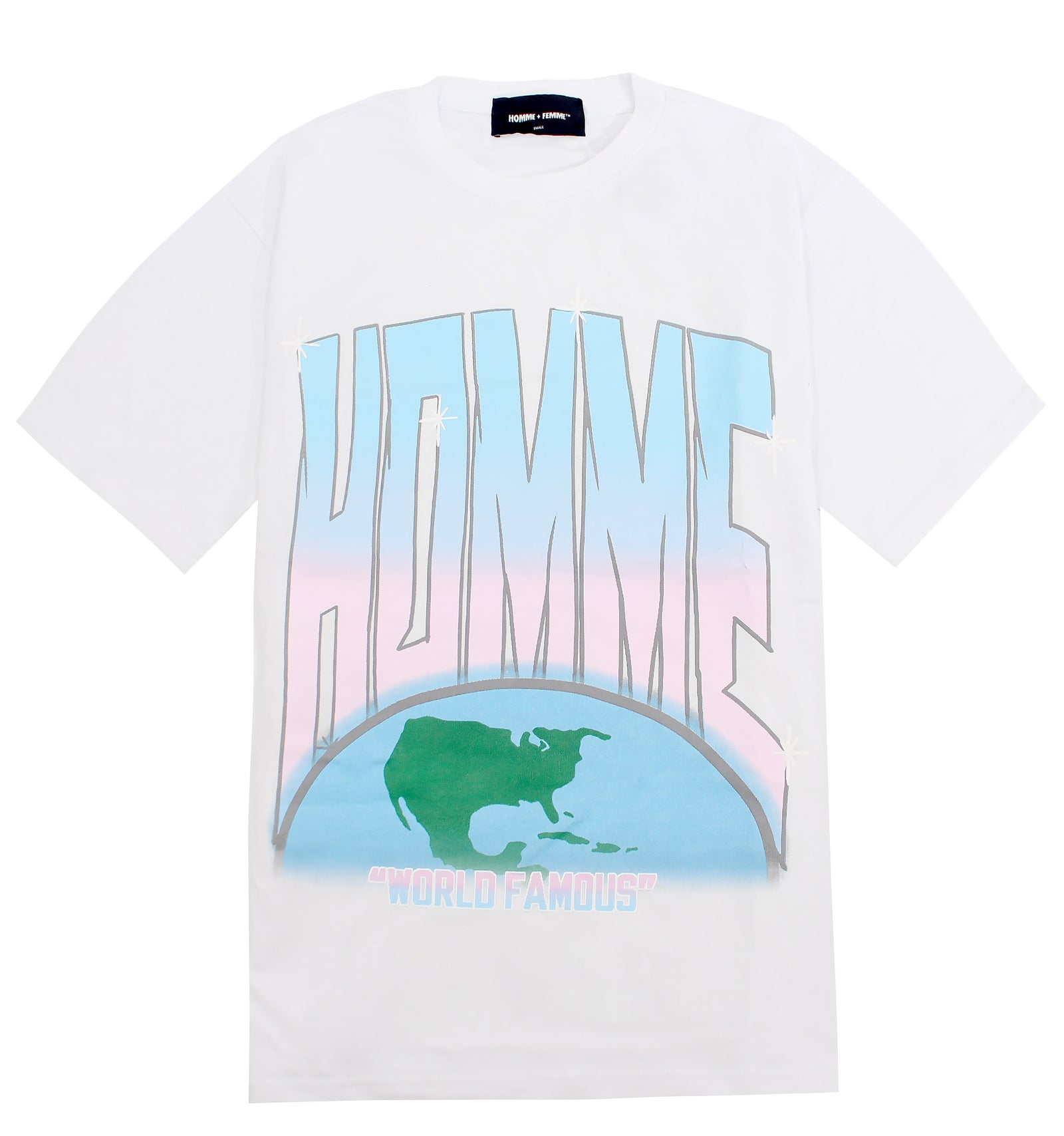 Homme + Femme Atmosphere Tee in white with baby blue and pink