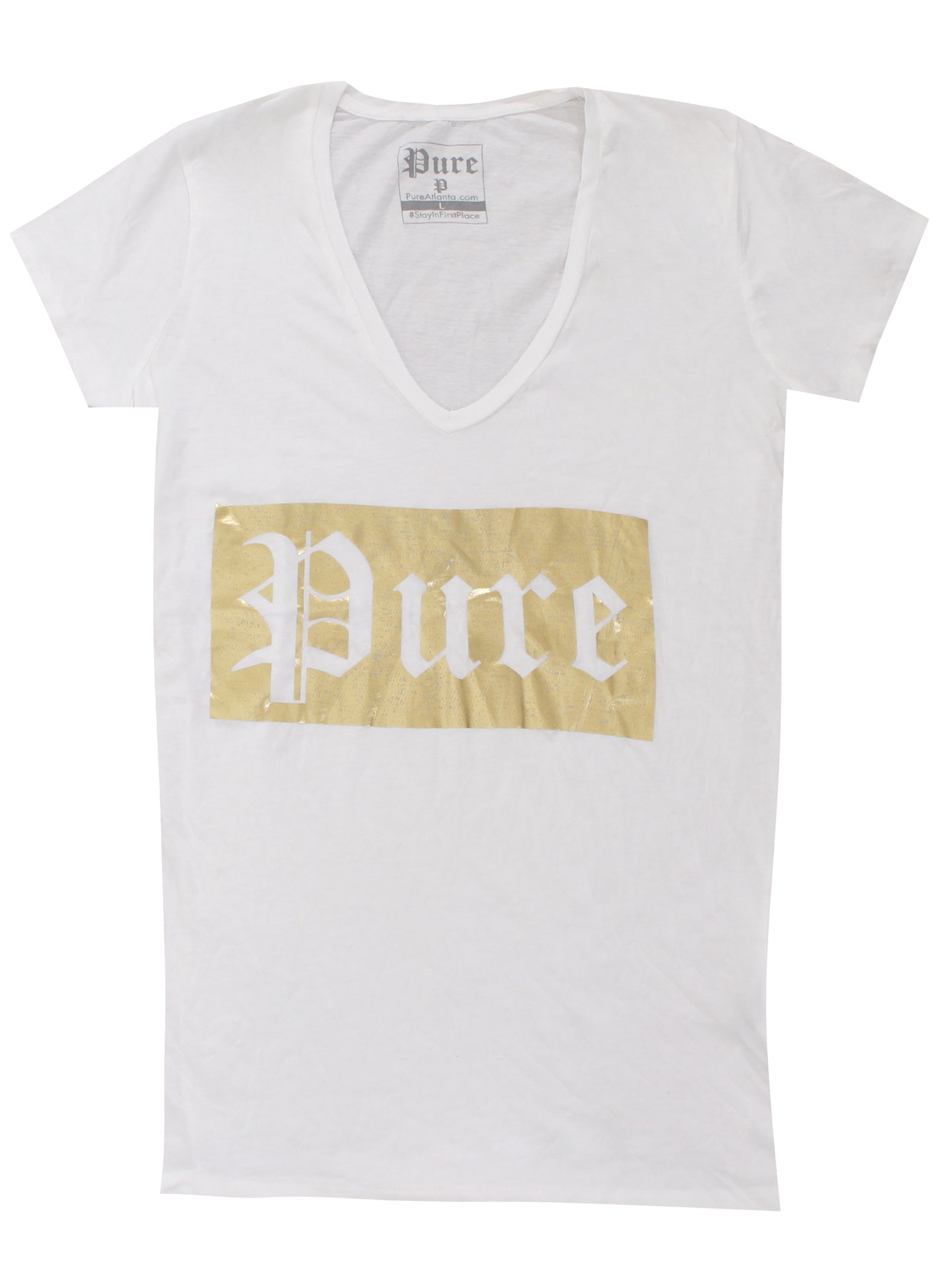 Pure V-Neck Tee with Gold Block Logo in white – view 1 of 3