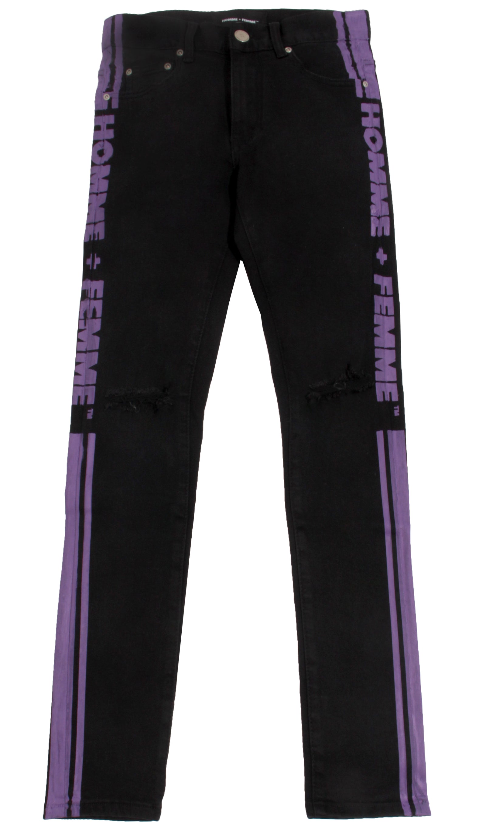 Homme + Femme Striped Denim Jeans in black with purple stripes – view 1 of 2