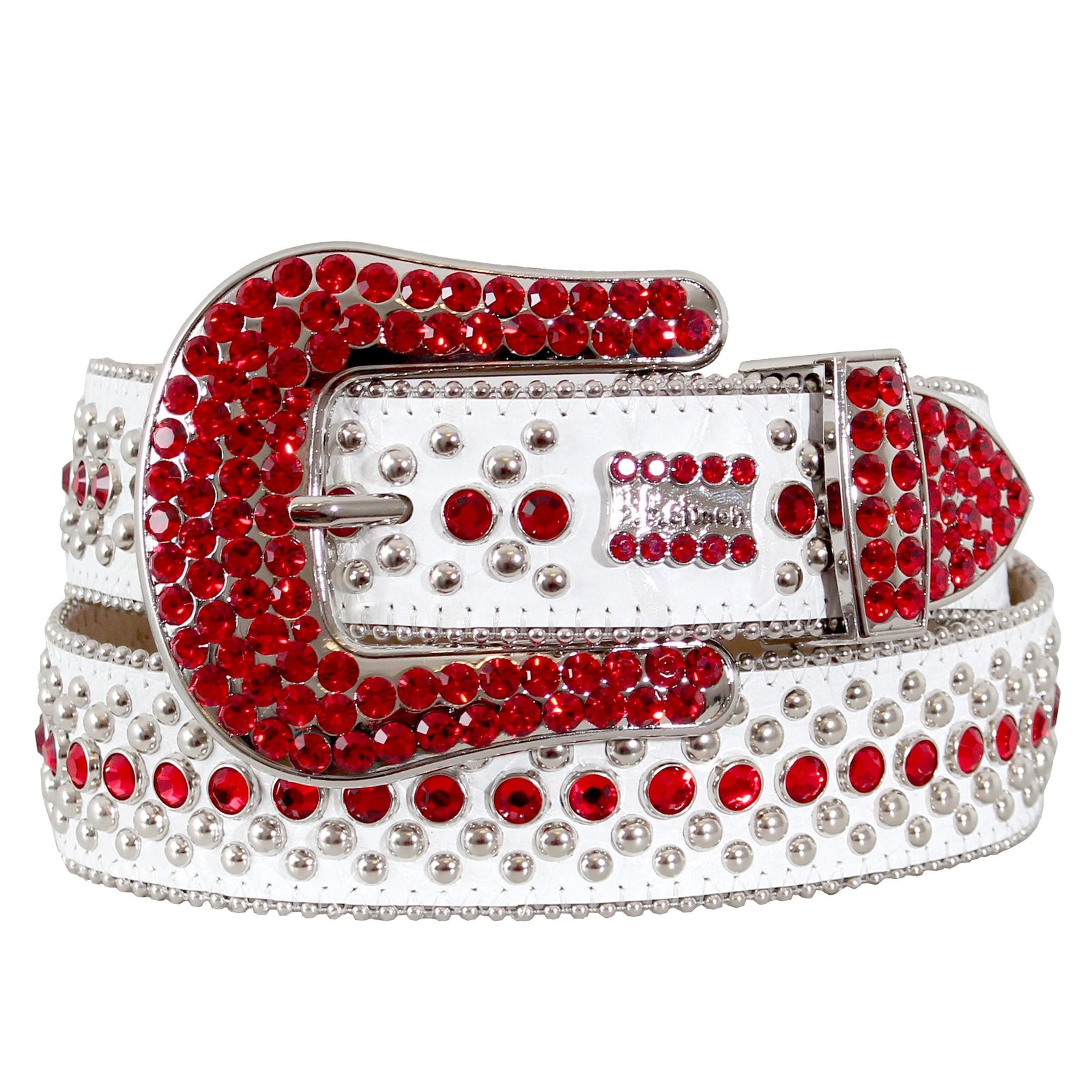 B.B. Simon Belt with Single Row Red Crystals in white