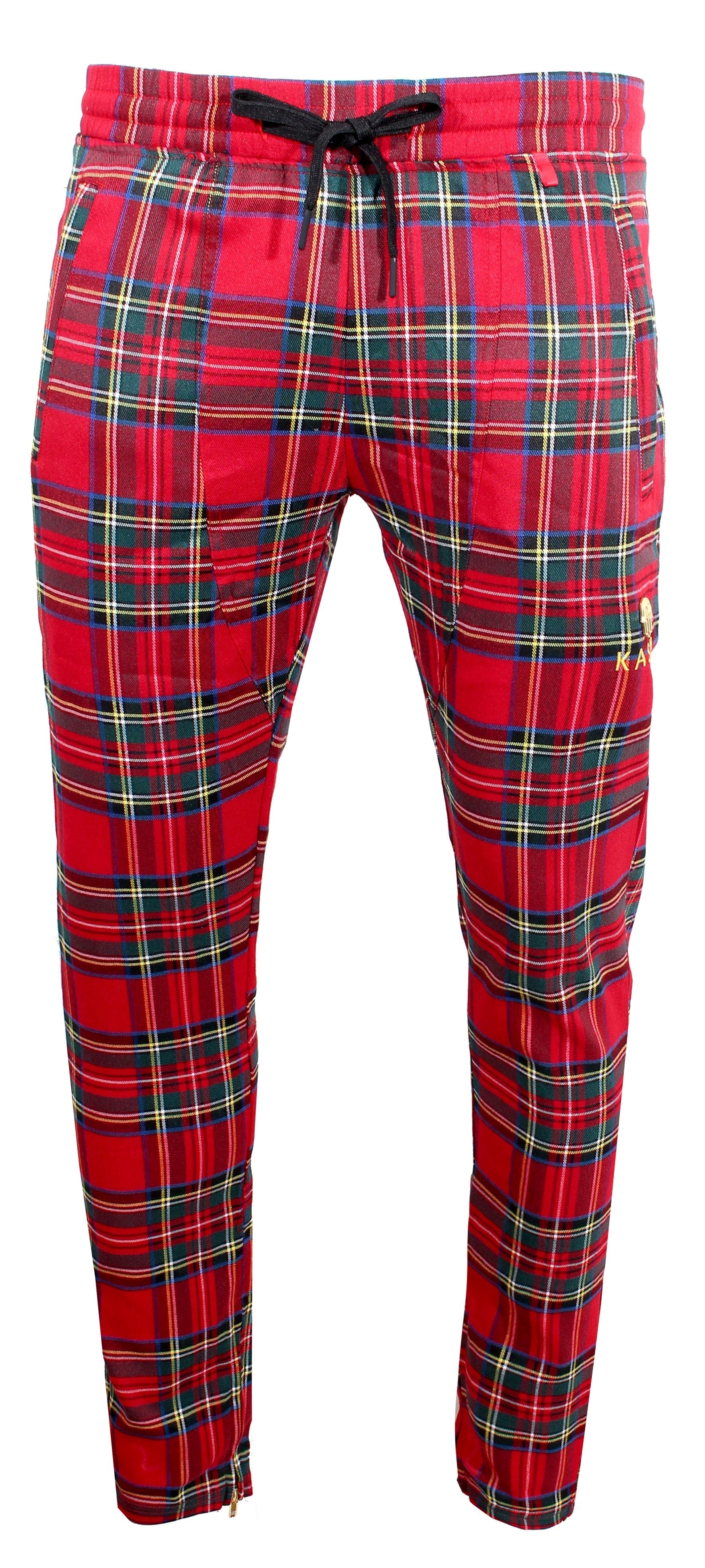 Red Plaid Track Pants with No Stripes & Embroidered 'KASH' on Thigh