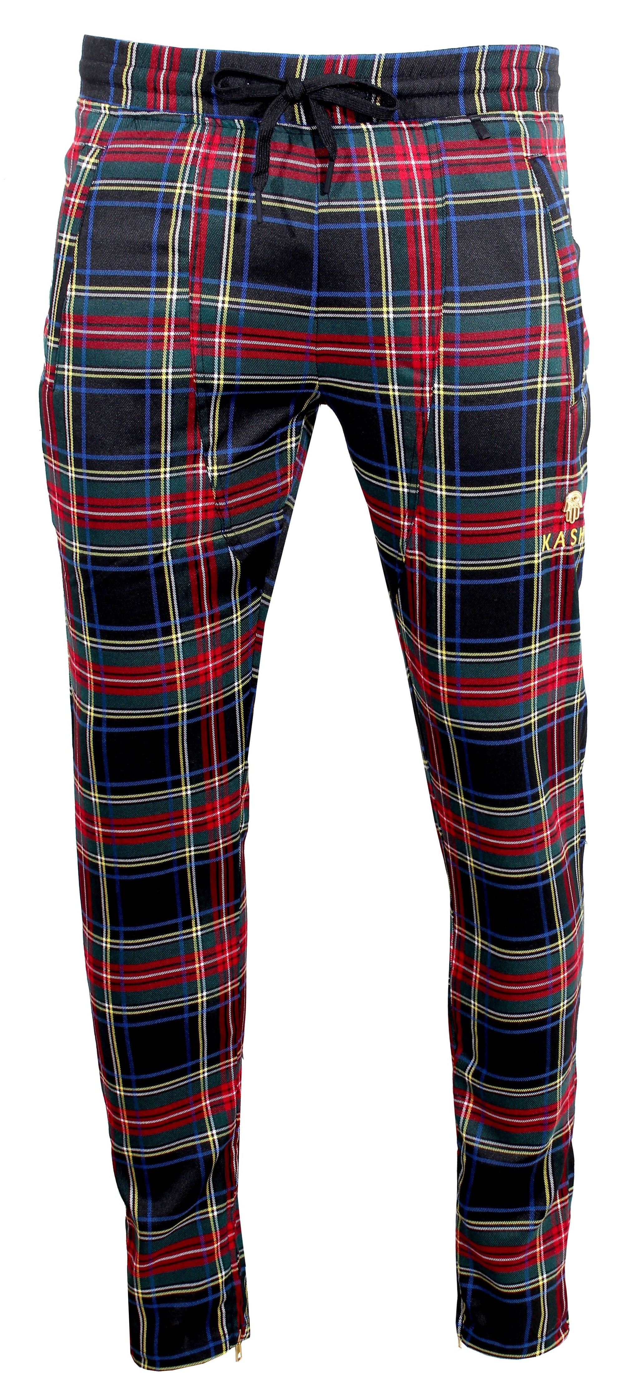 Multi Color Plaid Track Pants with Embroidered 'KASH' on Thigh