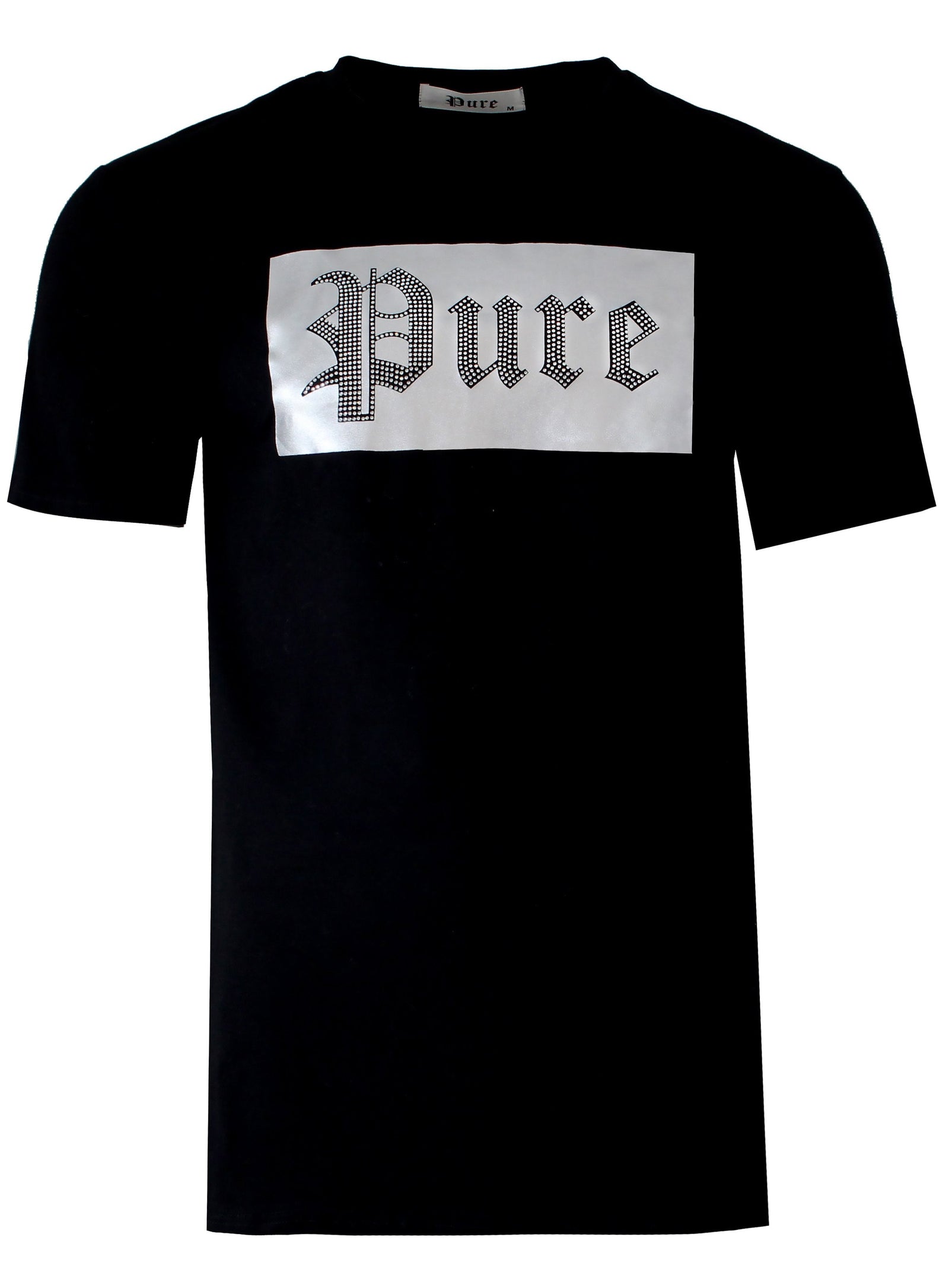 Black Pure tee with silver crystal block logo, front