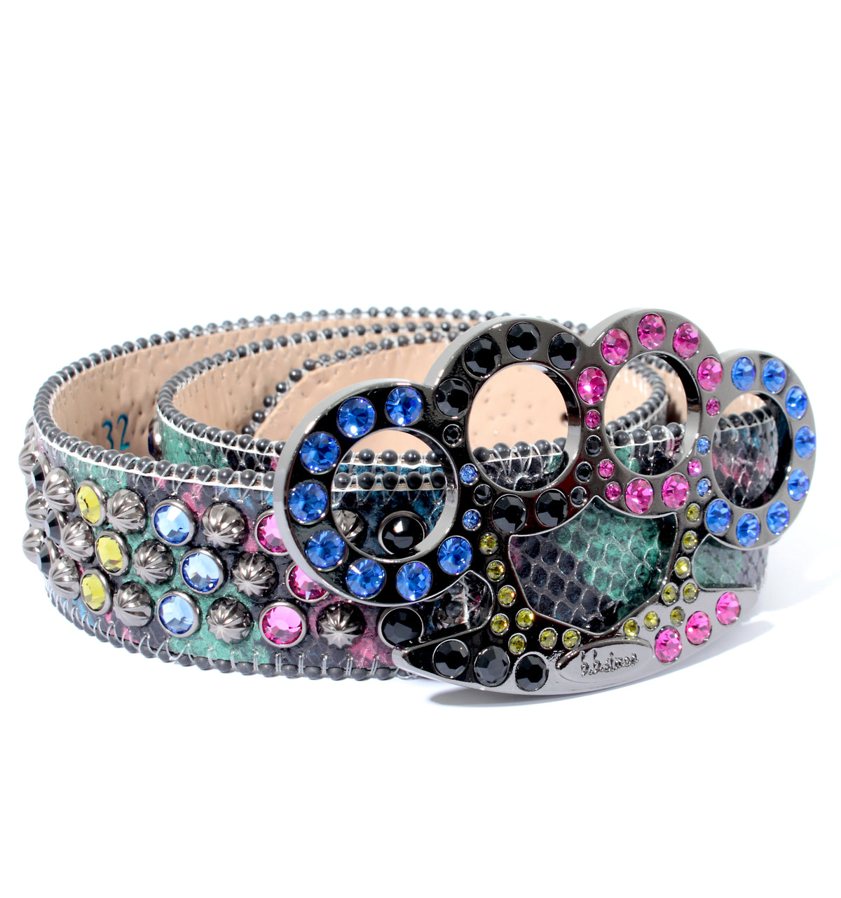 Blue python brass knuckles belt with pink, blue and green crystals