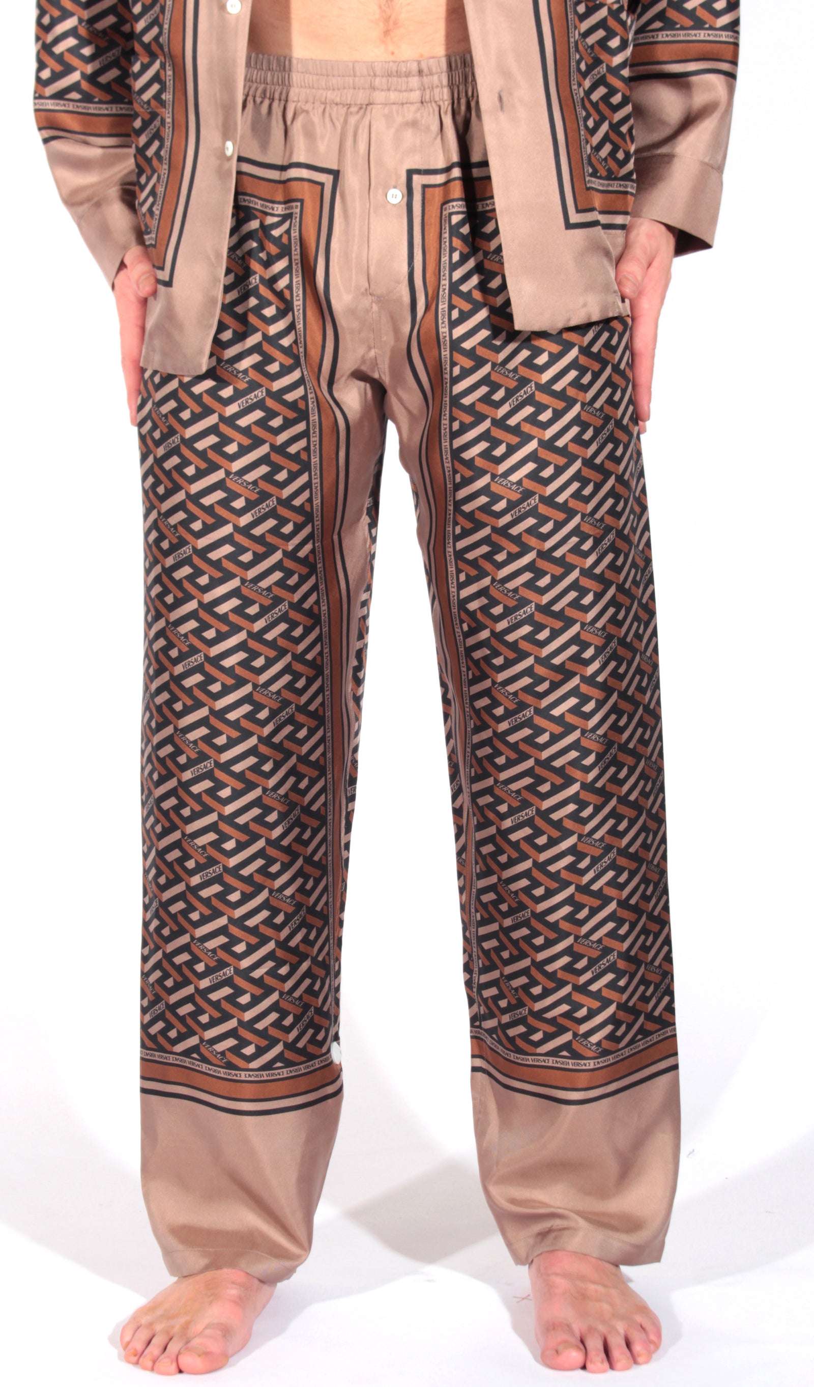 Versace Silk Pajama Bottoms with Allover Print in brown – view 1 of 2