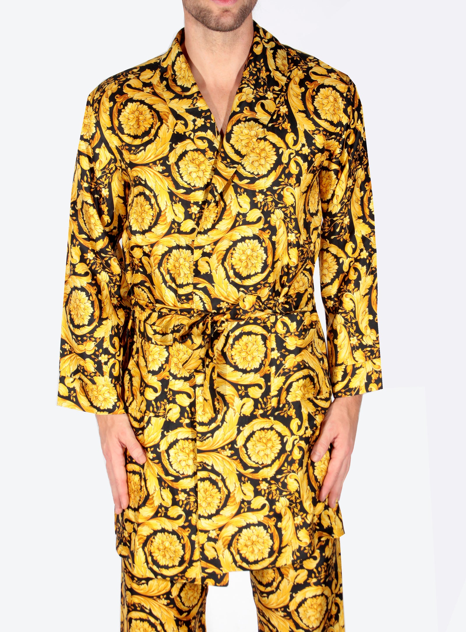 Versace Silk Pajama Bottoms w/ Baroque Print in black and gold – view 3 of 5