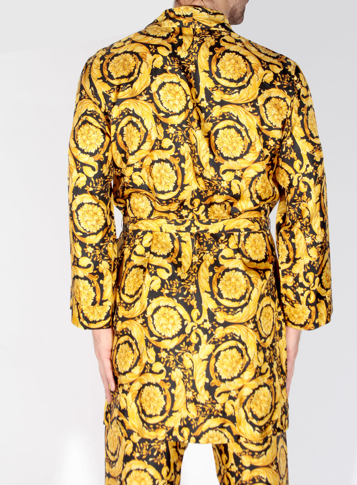 Silk Pajama Bottoms W/ Allover Baroque Print - Black & Gold