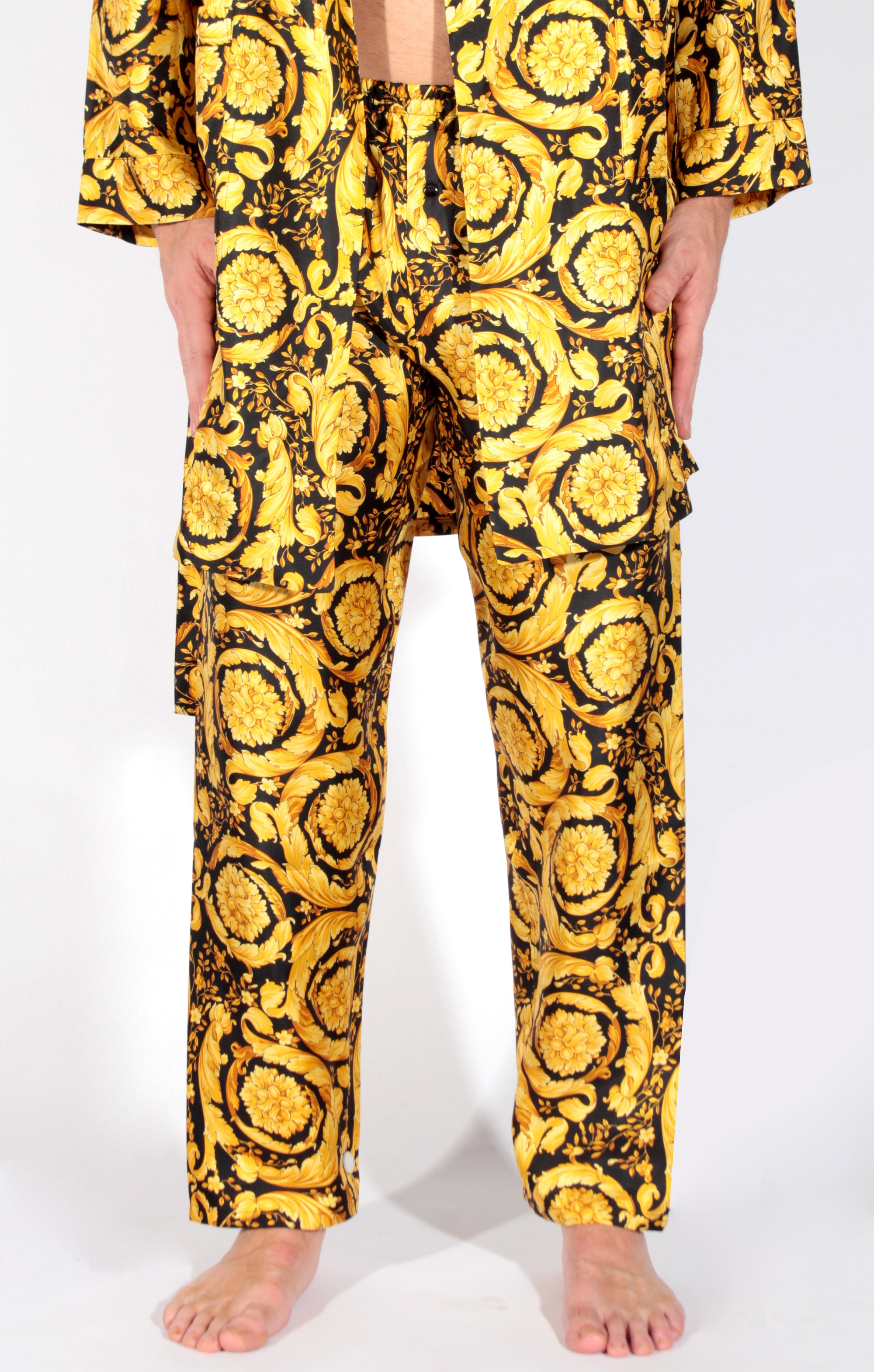Silk Pajama Bottoms W/ Allover Baroque Print - Black & Gold