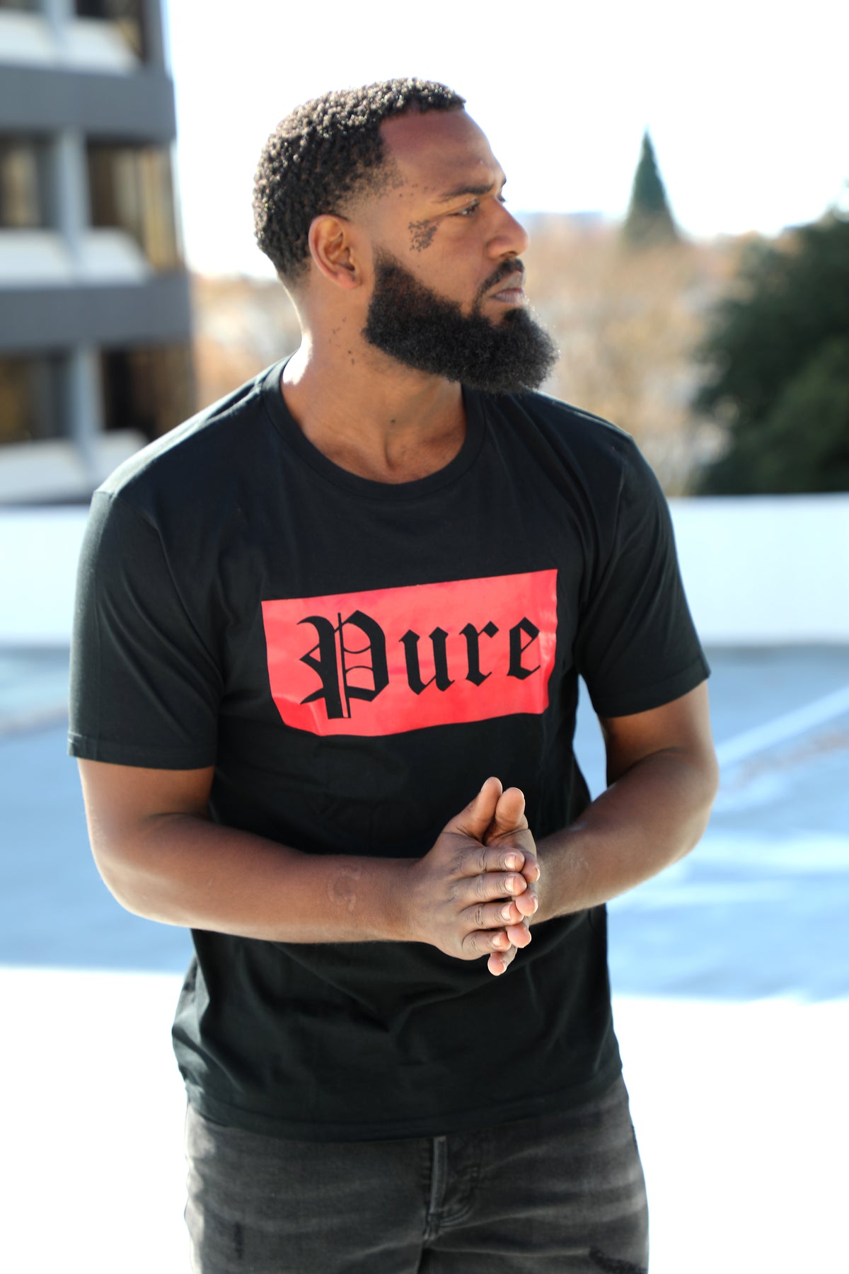 Stretch Pure Tee Black with Red Block Logo