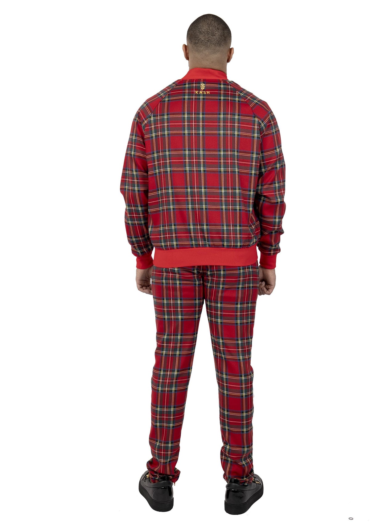 Red Plaid Track Pants with No Stripes & Embroidered 'KASH' on Thigh