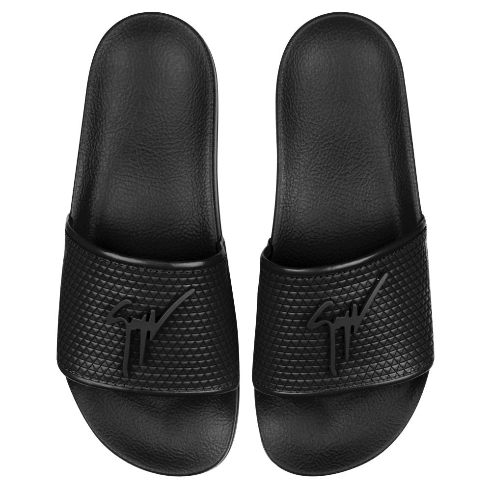 Slider Sandals in Black Geometric pint leather