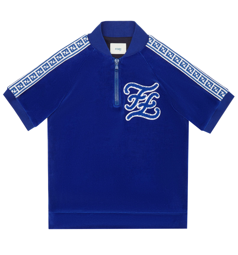 Fendi Boy SS Velour Top with Caligraphy FF Logo-Navy – view 1 of 4