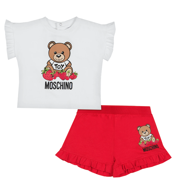 BABY GIRL SS TEE AND SHORT SET WITH STRAWBERRY BEAR PRINT - WHITE / RED
