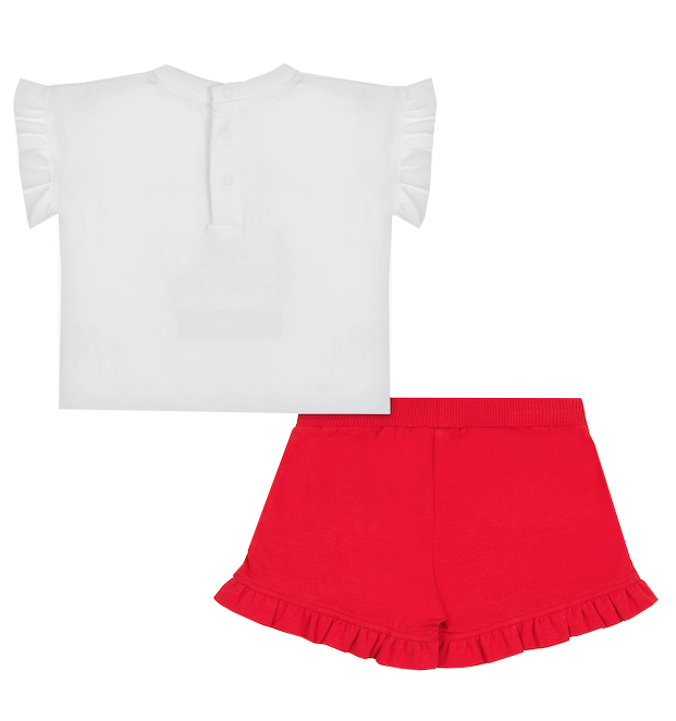 BABY GIRL SS TEE AND SHORT SET WITH STRAWBERRY BEAR PRINT - WHITE / RED