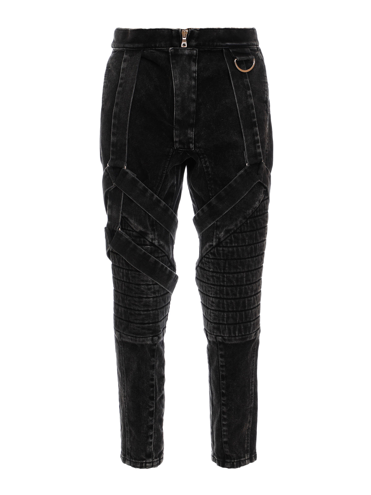MULTI-STRAP ACID WASH DENIM PANTS - BLACK
