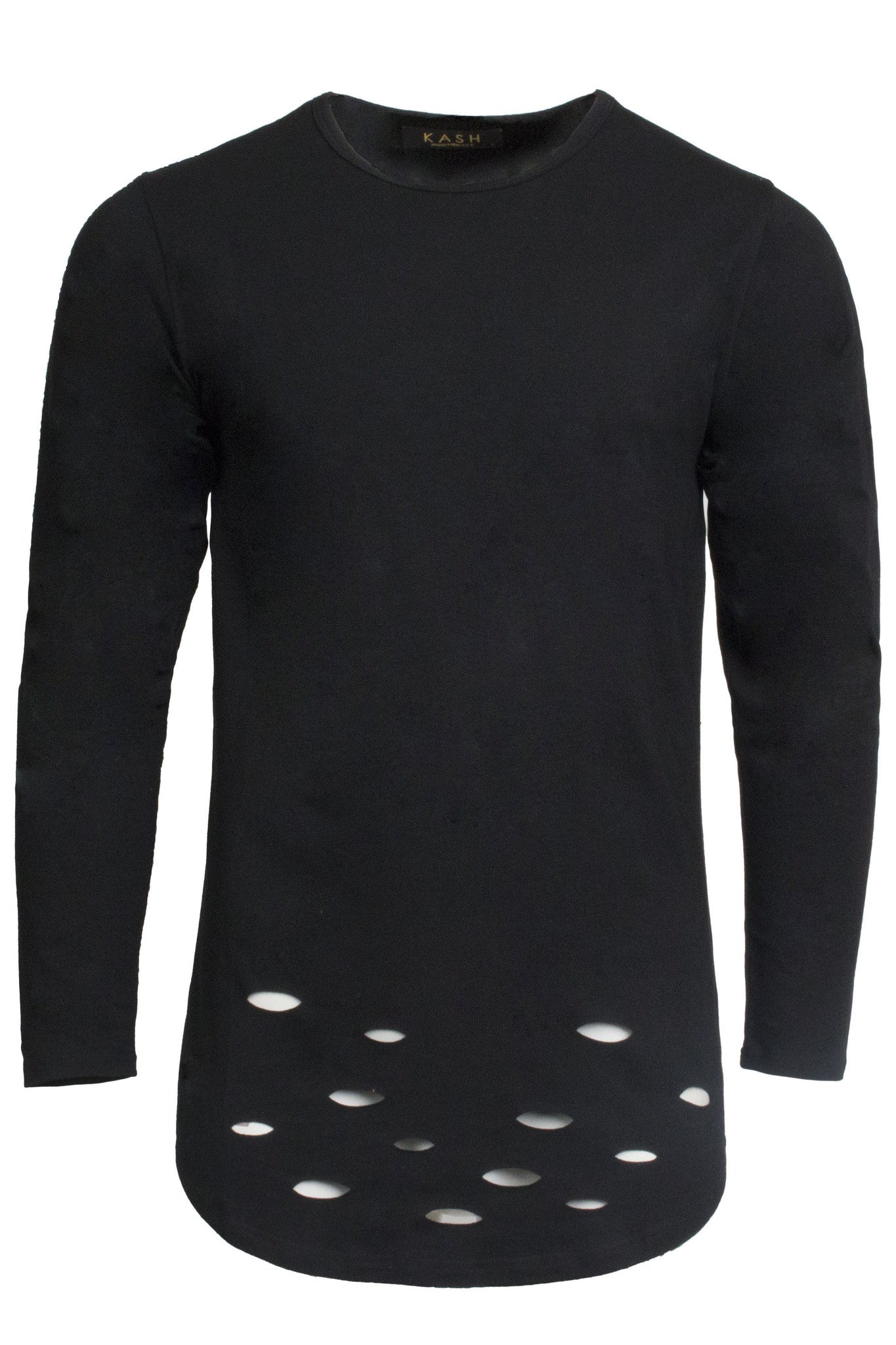 Kash Men's Long Sleeve Crewneck Distressed Top in black – view 1 of 2